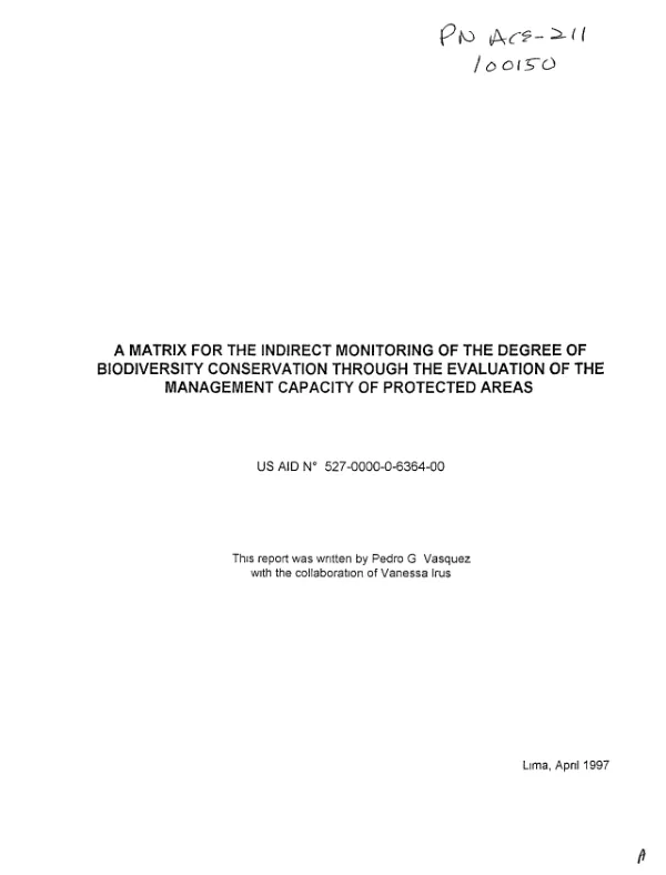 Matrix for the indirect monitoring of the degree of biodiversity conservation through the evaluation of the management capacity of protected areas