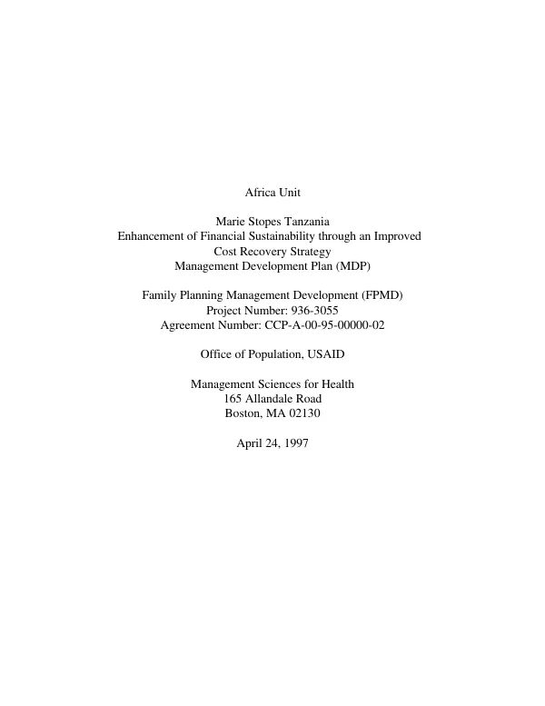 Africa unit : Marie Stopes Tanzania -- enhancement of financial sustainability through an improved cost recovery strategy : management development plan