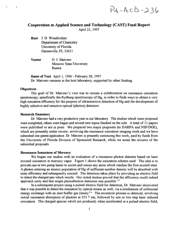 Cooperation in applied science and technology (CAST) final report [: resonance ionization of mercury]