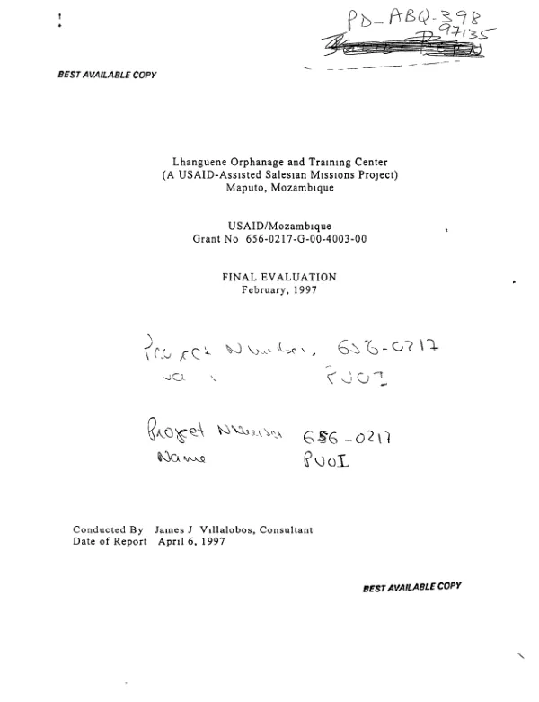 Lhanguene Orphanage and Training Center (a USAID-assisted Salesian Missions project), Maputo, Mozambique : grant no. 656-0217-G-00-4003-00 -- final evaluation