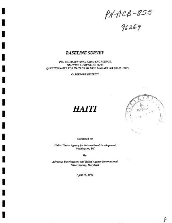 Baseline survey : PVO child survival rapid knowledge, practice & coverage (KPC) -- questionnaire for Haiti CS XII base line survey (30-31, 1997) : Carrefour District, Haiti