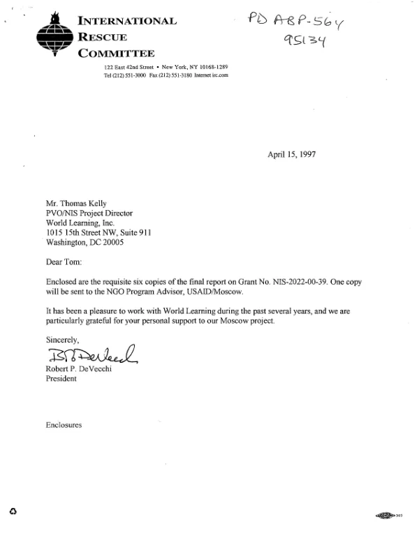 Final project status report : Oct. 1, 1994-Dec. 31, 1996 -- International Rescue committee, Inc. : grant no. NIS-2022-00-39 -- compassion project