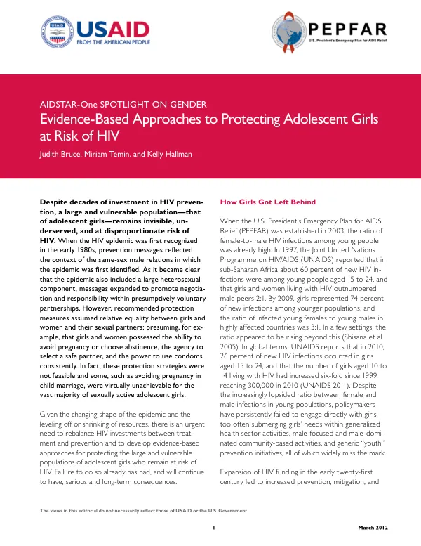 Spotlight on Prevention: Evidence-Based Approaches to Protecting Adolescent Girls at Risk of HIV