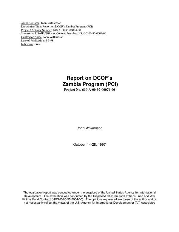 Report on DCOF's [Displaced Children and Orphans Fund] Zambia program (PCI [Project Concern International]) : project no. 690-A-00-97-00074-00 -- October 14-28, 1997
