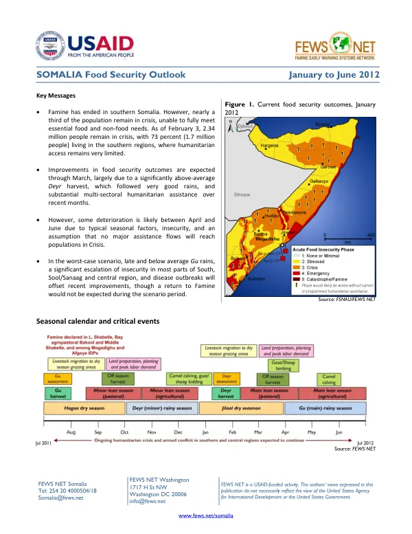 Somalia food security outlook, January to June 2012