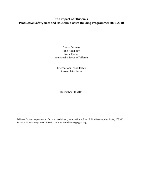 The impact of Ethiopia"s productive safety nets and household asset building programme : 2006-2010