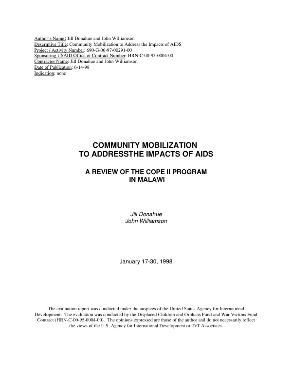 Community mobilization to addressthe [i.e. address the] impacts of AIDS : a review of COPE II [community-based options for protection and empowerment] program in Malawi : January 17-30, 1998