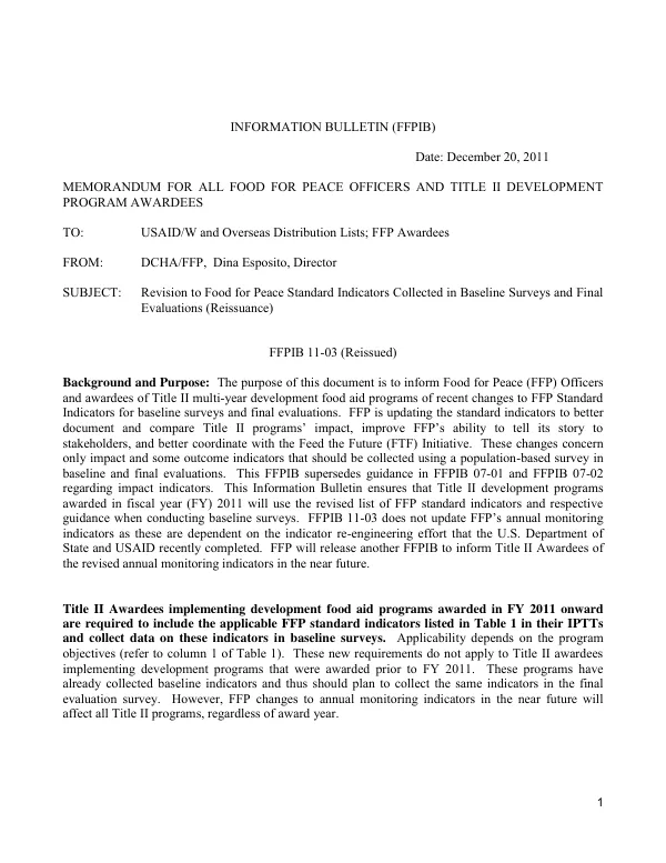 Revision to food for peace standard indicators collected in baseline surveys and final evaluations (reissuance)
