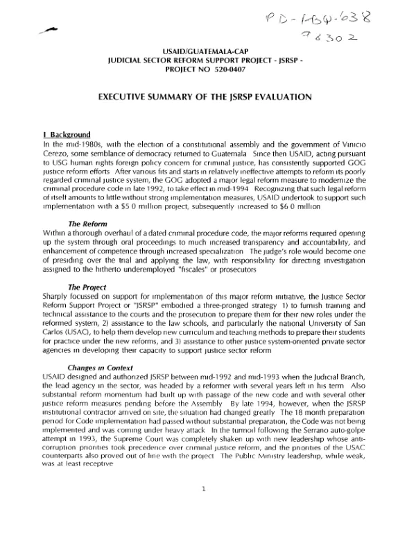 USAID/Guatemala-CAP : judicial sector reform support project (JSRSP) -- executive summary of the JSRSP evaluation