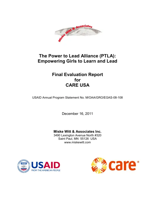 The power to lead alliance (PTLA) : empowering girls to learn and lead : final evaluation report for CARE USA