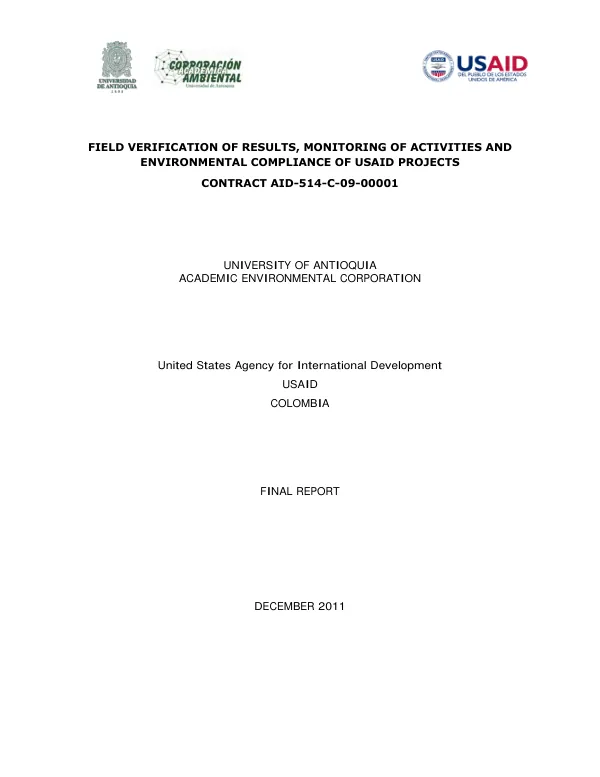 Field verification of results, monitoring of activities and environmental compliance of USAID projects, contract AID-514-C-09-00001 : final report