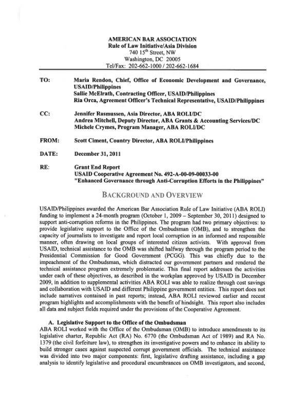 Grant end report : USAID cooperative agreement no. 492-A-00-09-00033-00, "Enhanced governance through anti-corruption efforts in the Philippines"