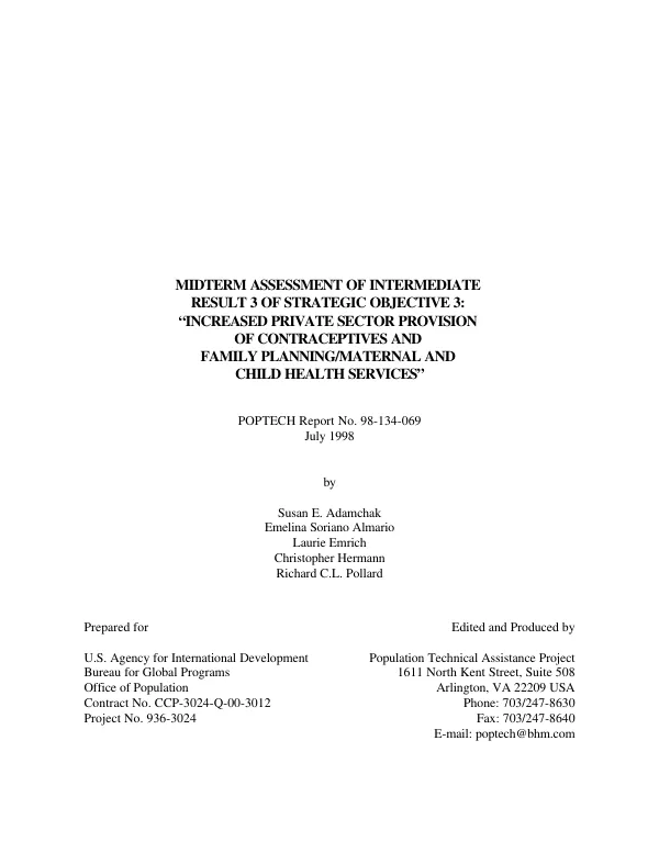 Midterm assessment of intermediate result 3 of strategic objective 3 : 'increased private sector provision of contraceptives and family planning/maternal and child health services'