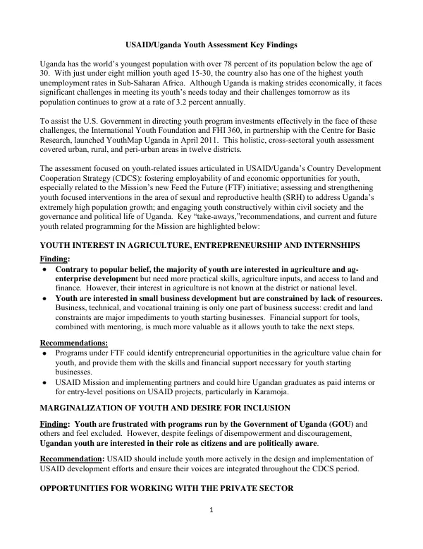 USAID/Uganda youth assessment key findings