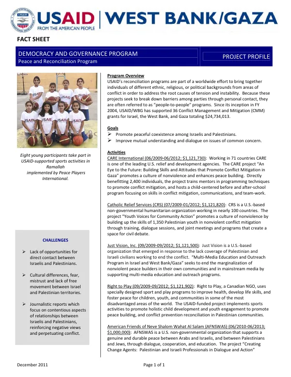 Democracy and governance program : peace and reconciliation program : project profile