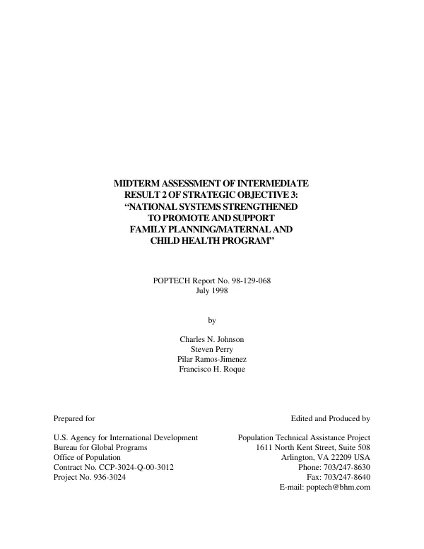 Midterm assessment of intermediate result 2 of strategic objective 3 : 'national systems strengthened to promote and support family planning/maternal and child health program'
