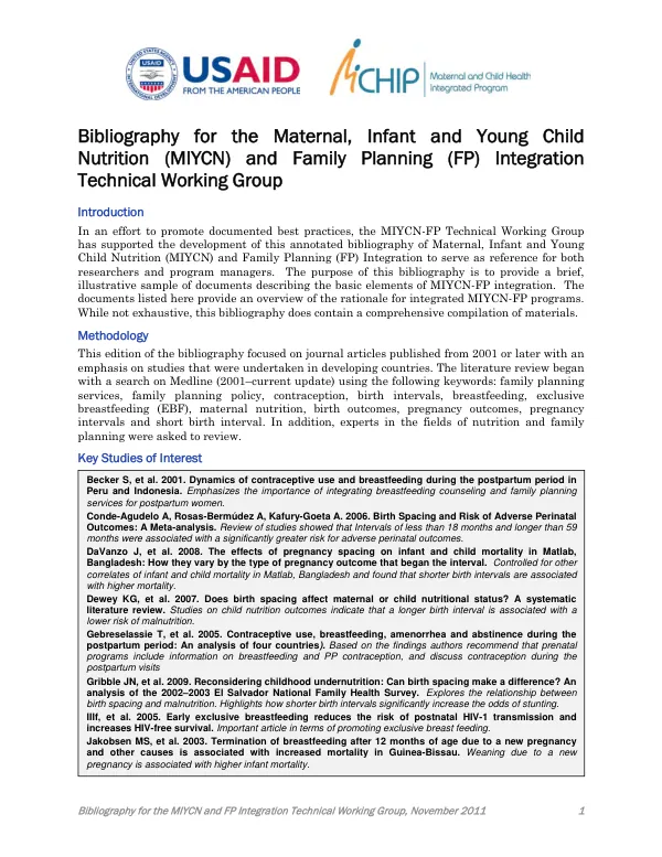 Bibliography for the Maternal, Infant and Young Child Nutrition (MIYCN) and Family Planning (FP) Integration Technical Working Group