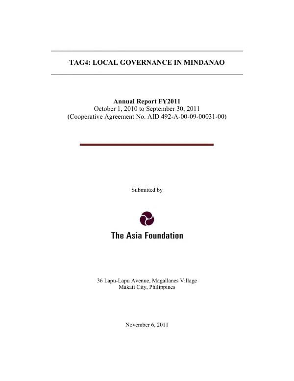 Tag4 : local governance in Mindanao -- annual report FY2011, October 1, 2010 to September 30, 2011 (cooperative agreement no. AID 492-A-00-09-00031-00)