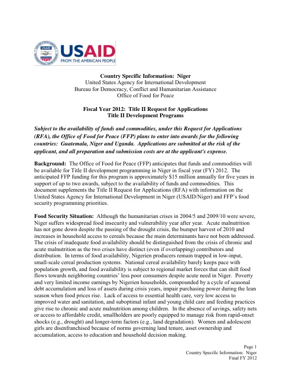 Country specific information : Niger : fiscal year 2012 : Title II request for applications, Title II development programs