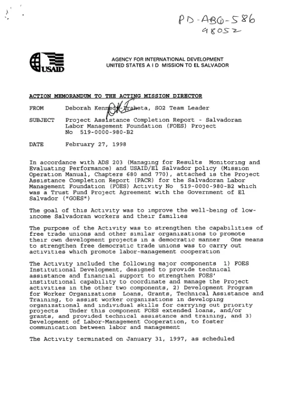 Project assistance completion report : Salvadoran Labor Management Foundation (FOES) project no. 519-0000-980-B2