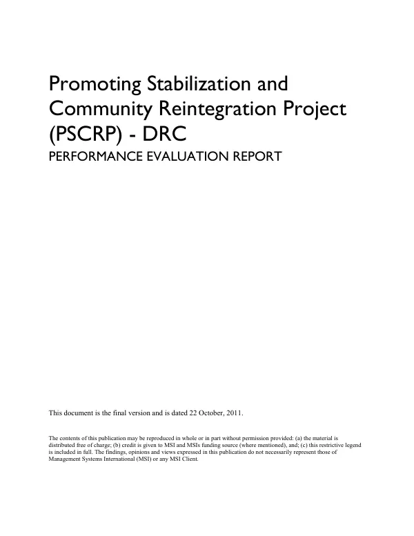 Promoting stabilization and community reintegration project (PSCRP)-DRC : performance evaluation report
