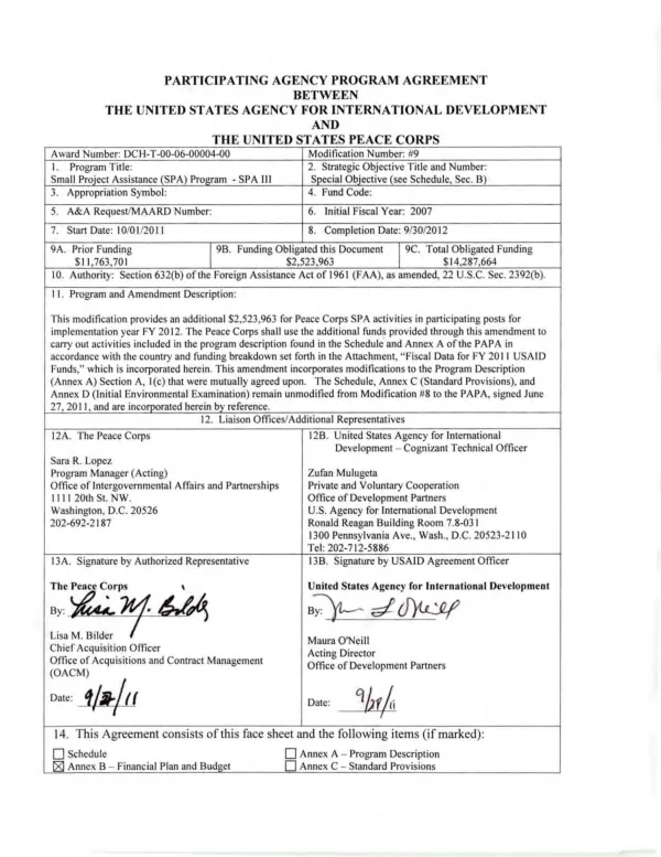 Participating agency program agreement between the United States Agency for International Development and the United States Peace Corps : small project assistance (SPA) program - SPA III : modification #9