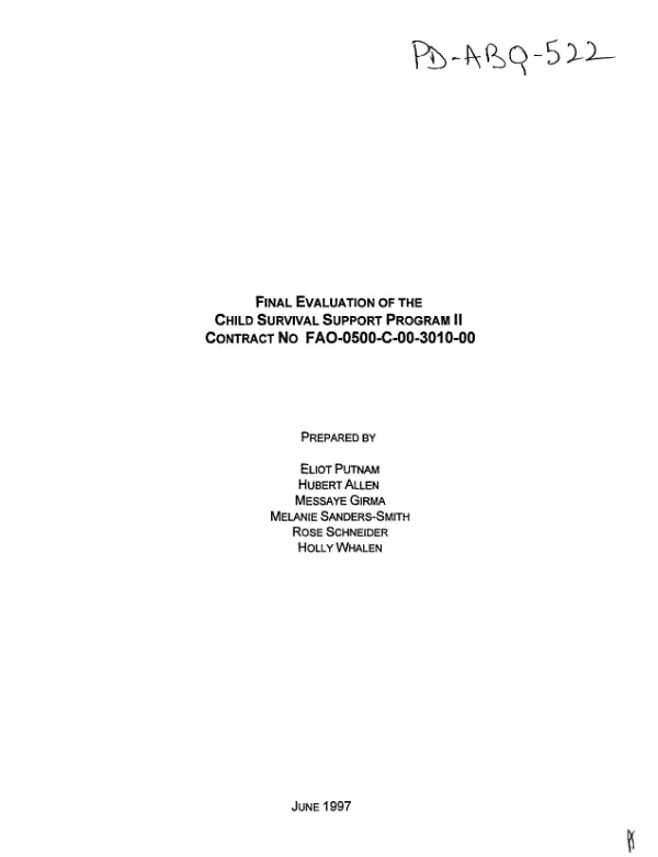 Final evaluation of the child survival support program II -- contract no. FAO-0500-C-00-3010-00