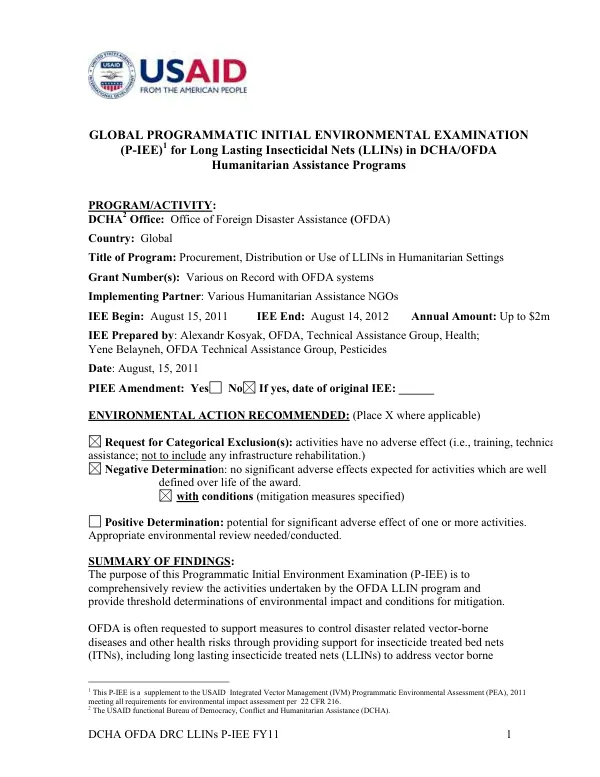 Global programmatic initial environmental examination (P-IEE) for long lasting insecticidal nets (LLINs) in DCHA/OFDA humanitarian assistance programs