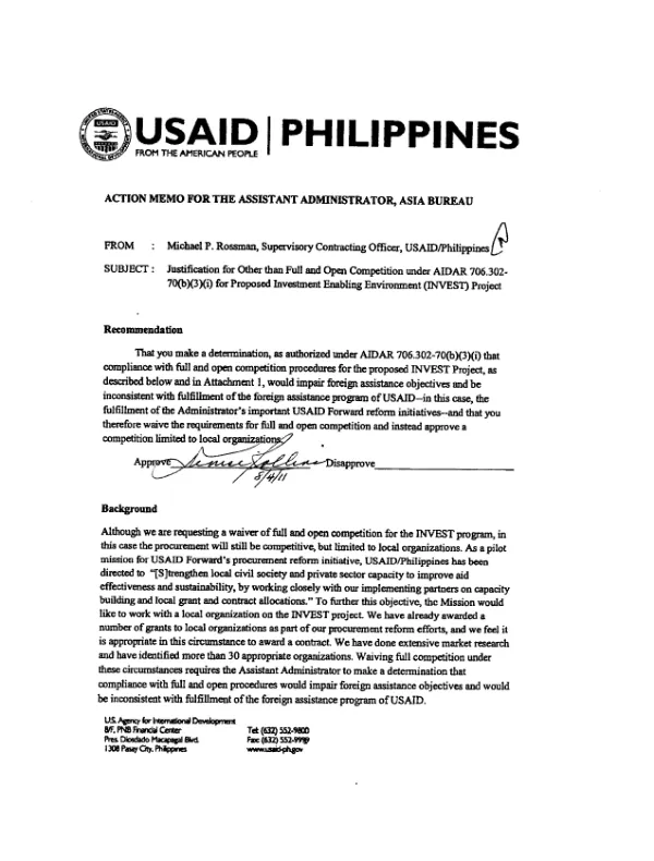 Justification for other than full and open competition under AIDAR 706.302-70(b)(3)(i) for proposed investment enabling environment (INVEST) project