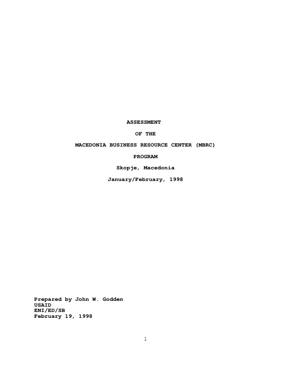 Assessment of the Macedonia Business Resource Center (MBRC) program -- Skopje, Macedonia