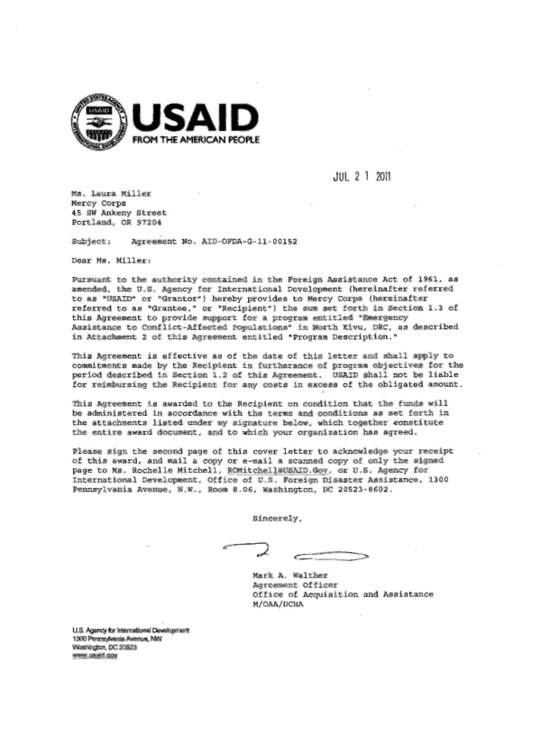 Agreement no. AID-OFDA-G-11-00152 with Mercy Corps : emergency assistance to conflict-affected populations