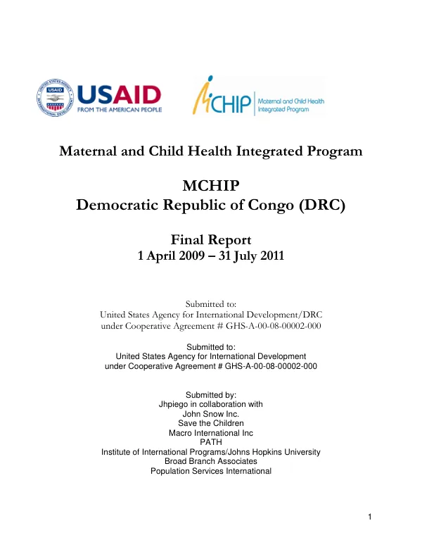 Maternal and child health integrated program (MCHIP) : Democratic Republic of Congo (DRC) : final report 1 April 2009 - 31 July 2011