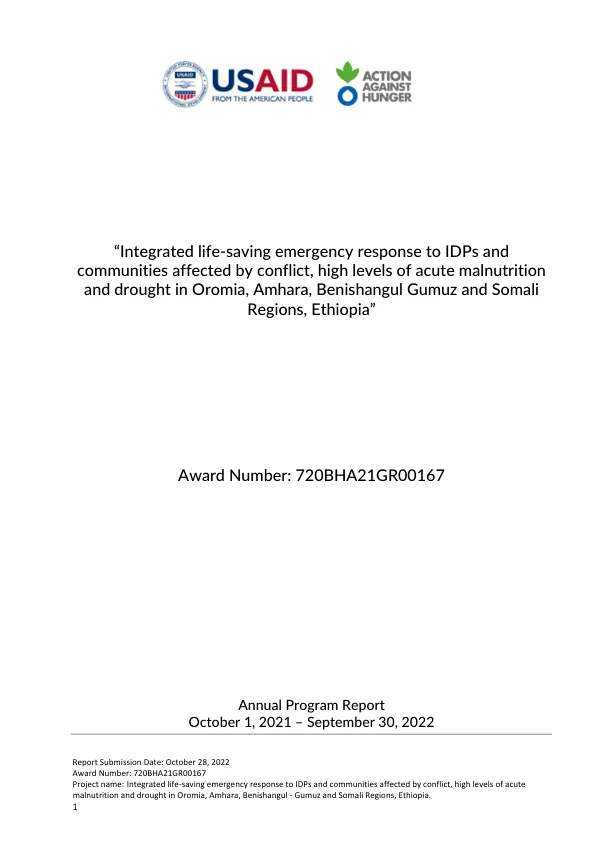 Integrated life-saving emergency response to IDPs and communities affected by conflict, high levels of acute malnutrition, and drought in Oromia, Amhara, Benishangul Gumuz and Somali Regions, Ethiopia
