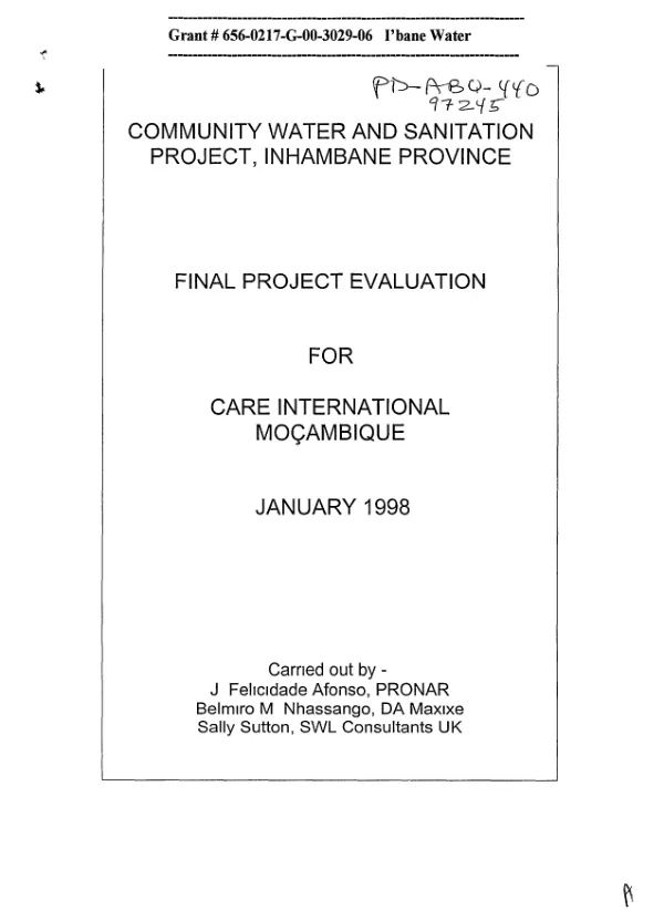 Community water and sanitation project, Inhambane Province[, Mozambique] : final project evaluation