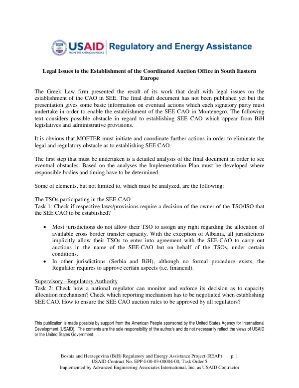 Legal Issues to the Establishment of the Coordinated Auction Office in South Eastern Europe