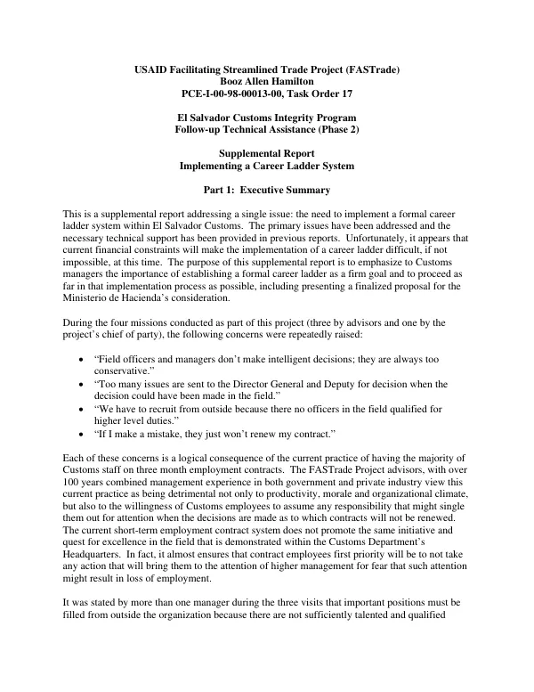 El Salvador customs integrity program follow-up technical assistance (phase 2) : supplemental report -- implementing a career ladder system