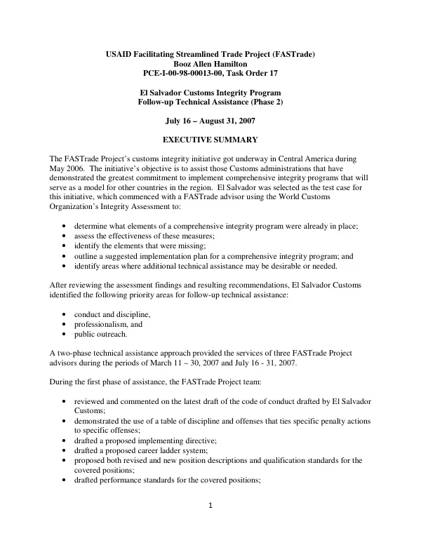El Salvador customs integrity program follow-up technical assistance (phase 2) : July 16-August 31, 2007