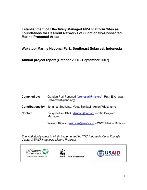 Established of effectively managed MPA platform sites as foundations for resilient networks of functionally-connected marine protected areas : Wakatobi Marine National Park, Southeast Sulawesi, Indonesia -- annual project report (October 2006-September 2007)