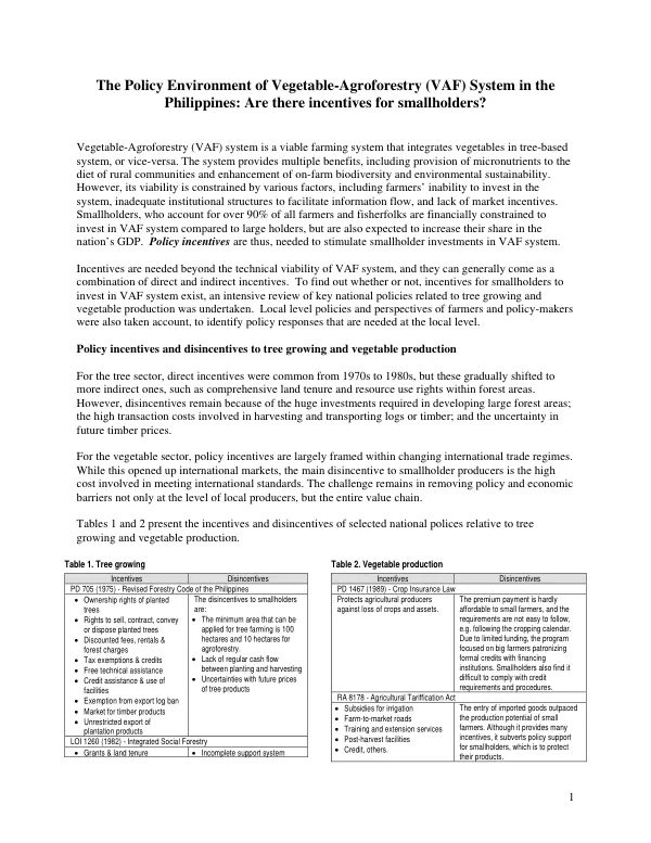 The policy environment of vegetable-agroforestry (VAF) system in the Philippines : are there incentives for smallholders?