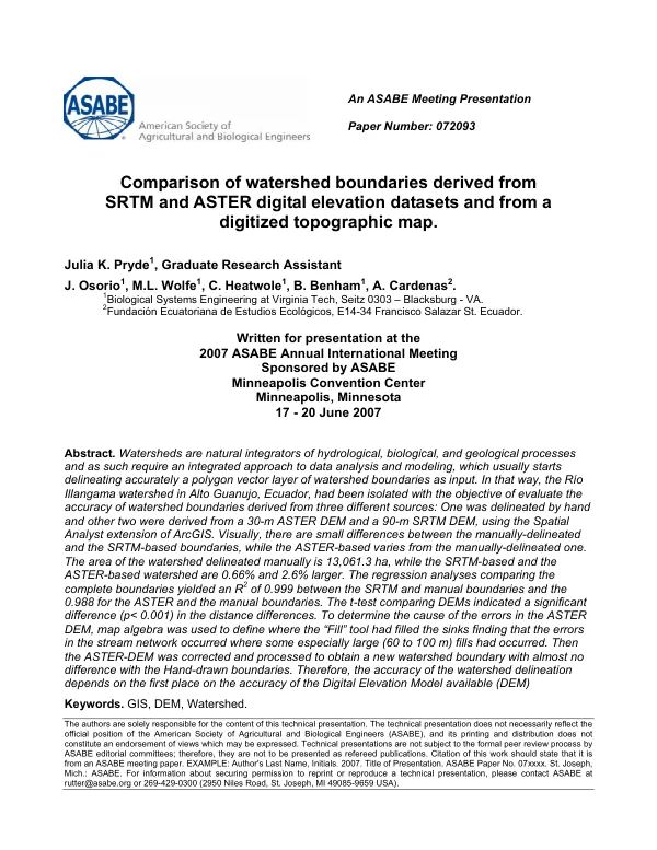 Comparison of watershed boundaries derived from SRTM and ASTER digital elevation datasets and from a digitized topographic map