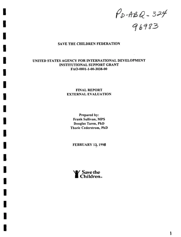 Save the Children Federation : United States Agency for International Development institutional support grant, FAO-0801-1-00-3038-00 [i.e. FAO-0801-A-00-3038-00] -- final report : external evaluation