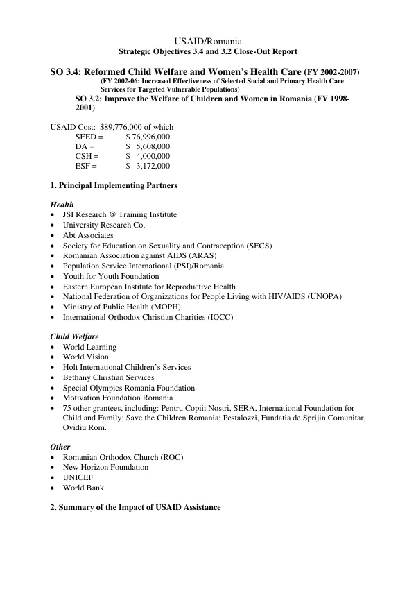 USAID/Romania : strategic objectives 3.4 and 3.2 close-out report