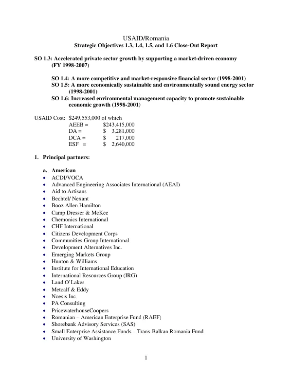 USAID/Romania : strategic objectives 1.3, 1.4, 1.5, and 1.6 close-out report