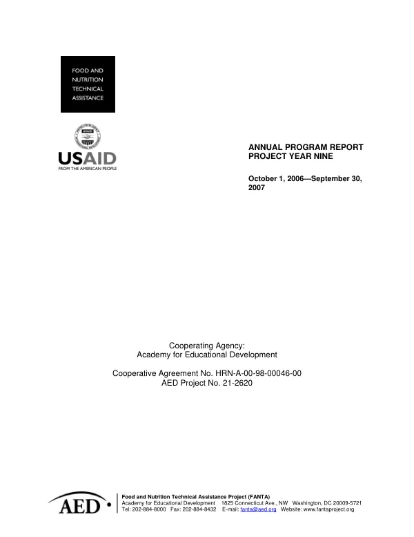 Annual program report, project year nine, October 1, 2006-September 30, 2007 : food and nutrition technical assistance (FANTA)