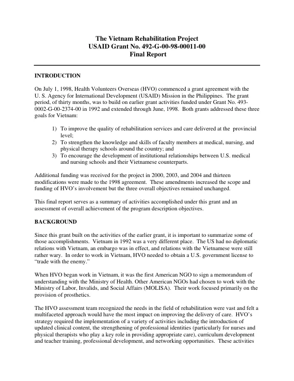 The Vietnam rehabilitation project : USAID grant no. 492-G-00-98-00011-00 -- final report
