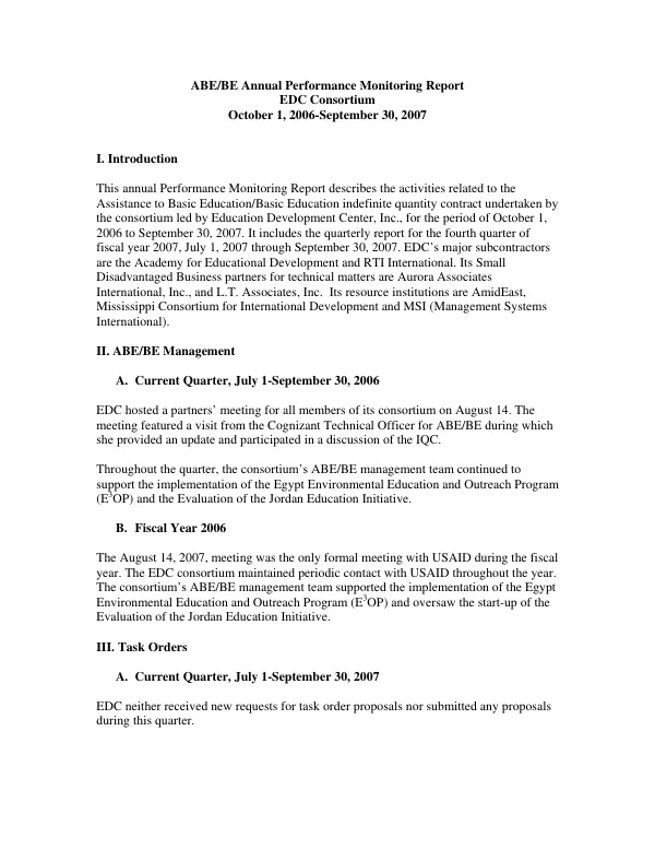 ABE/BE annual performance monitoring report : EDC Consortium -- October 1, 2006-September 30, 2007