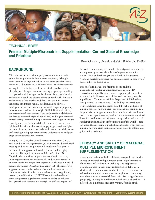 Prenatal multiple-micronutrient supplementation : current state of knowledge and priorities