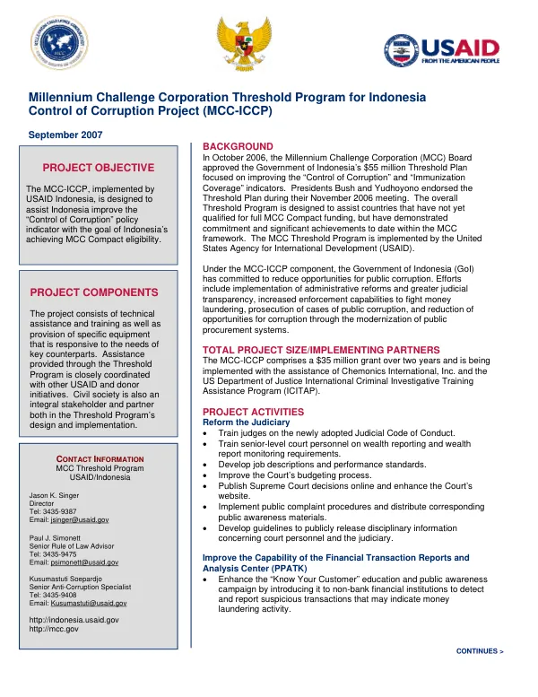 Millennium Challenge Corporation threshold program for Indonesia control of corruption project (MCC-ICCP)
