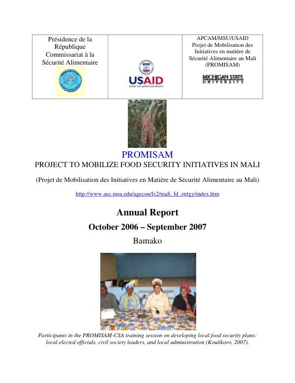 PROMISAM, project to mobilize food security initiatives in Mali (projet de mobilisation des initiatives en matiere de securite alimentaire au Mali) : annual report, October 2006-September 2007
