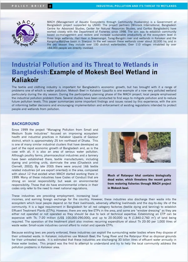 Industrial pollution and its threat to wetlands in Bangladesh : example of Mokesh Beel wetland in Kaliakoir